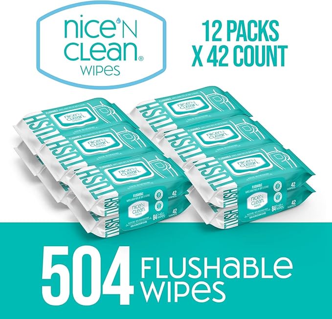 Nice 'N Clean Adult Flushable Wipes (12 x 42 Count) | Personal Cleansing Wipes Made from Plant-Based Fibers | Infused with Aloe & Vitamin E