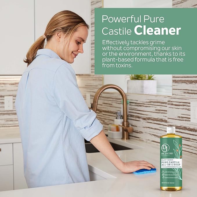 Dr. Jacobs Naturals Eucalyptus Castile All-In-One Cleaner and Soap, Effective Plant-Based Formula for House Cleaning. Eco-friendly for Home Essentials and the Planet (32 Fl Oz, 2 Pack)