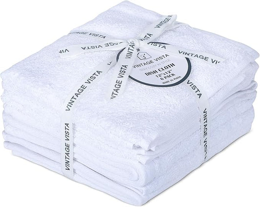 100% Cotton Dish Cloths (Pack of 6) - Dish Rags for Washing Dishes - Reusable & Highly Absorbent Kitchen Towels - Multipurpose Kitchen Rags - (12" x 12" - White II)