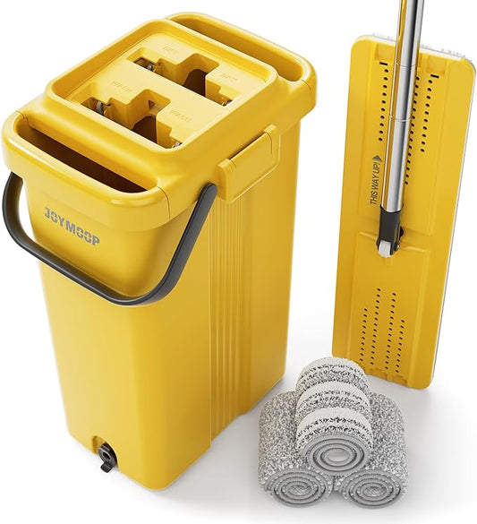 JOYMOOP Heavy Duty Commercial Mops for Floor Cleaning, Wet Dry Mop and Bucket Set with Large Capacity Yellow Mop Bucket, Includes 3 Reusable 17-Inch Microfiber Mop Pads
