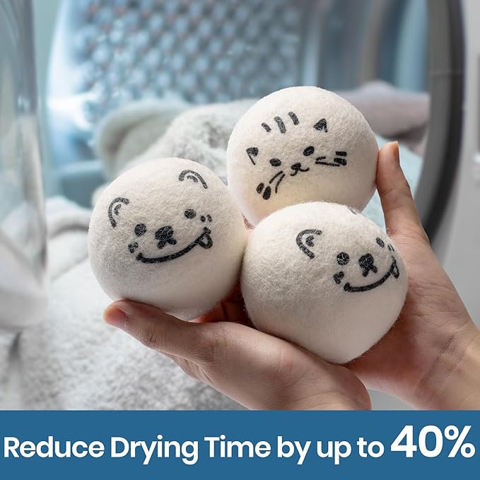 Delomo Wool Dryer Balls with Holder: Natural Fabric Softener Ball, 6-Pack Reusable Laundry Balls, Reduces Clothing Wrinkles and Static