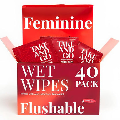 Feminine Wipes Individually Wrapped 40 Pack - Flushable Wipes Travel Essentials For Women - Feminine Care Wet Wipes Travel Size Toiletries - Wipes For Adults - Purse Essentials - Toallitas
