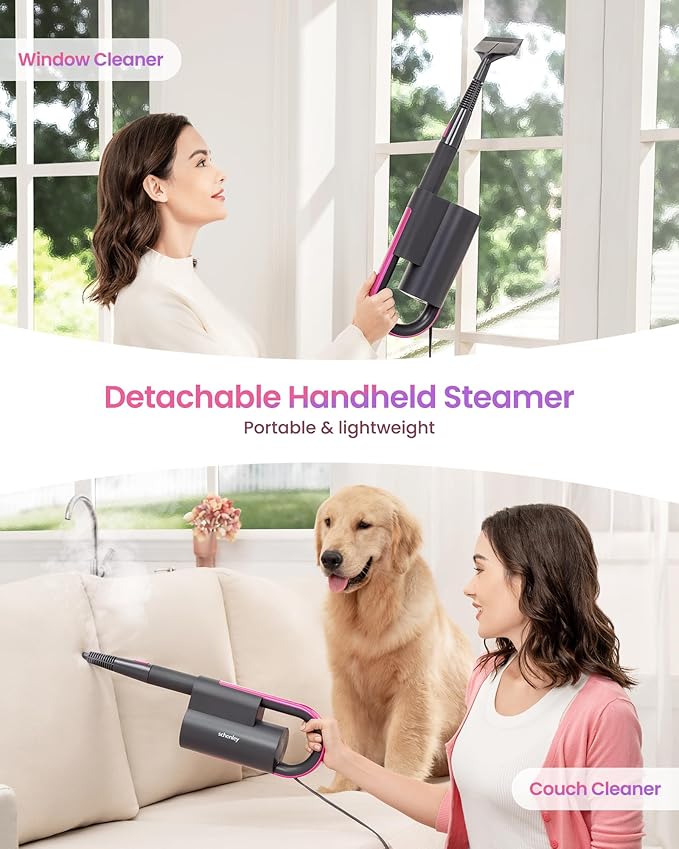 Schenley 7-in-1 Steam Mop Dual-Rod Design with Detachable Handheld Steamer for Walls, Grouts, Hard Floors, Tiles, includes Multi-purpose Accessories and Washable Microfiber Pads