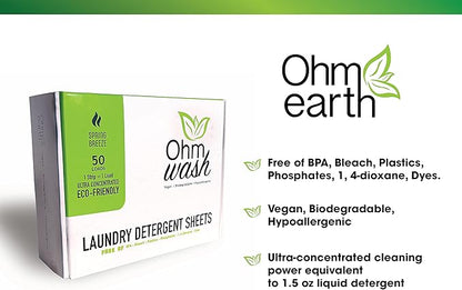 Ohm Earth’s Wash Laundry Detergent Sheets Hypoallergenic & Dye-Free Liquidless Detergent, Fast Dissolving Concentrated Strips Ideal for Sensitive Skin, 50 count (up to 100 Loads) Spring Breeze
