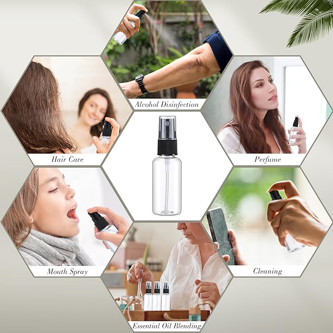 100 Pcs Mini Clear Spray Bottles 1 oz Plastic Empty Travel Bottle Fine Mist Small Spray Containers with 5 Pcs Funnels Refillable Liquid Travel Containers for Perfume Skin Toner Essential Oils