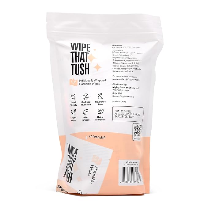 Wipe That Tush On-The-Go Flushable Wet Wipes - 1 Pack, 30 Wipes - Individually Wrapped Extra-Large Wipes with Aloe - Hypoallergenic & Unscented - Septic and Sewer Safe