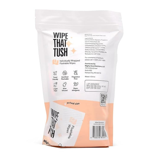 Wipe That Tush On-The-Go Flushable Wet Wipes - 1 Pack, 30 Wipes - Individually Wrapped Extra-Large Wipes with Aloe - Hypoallergenic & Unscented - Septic and Sewer Safe
