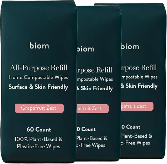 Biodegradable All-Purpose Wipes 3-Pack Refill - Non-Toxic Grapefruit Cleaning Wipes | Plant-Based Surface Cleaner for Home & Travel | Kid & Pet Friendly Wet Wipe | All Natural & Eco-Friendly