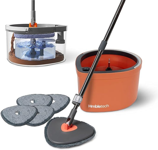 Dual Chamber Spin Mop and Bucket System, Mop Bucket Separate Dirty Water, Mop and Bucket Set with Self-Wringing 360° Rotating Mop Head, Includes 4 Washable Microfiber Mop Pads. (Orange)