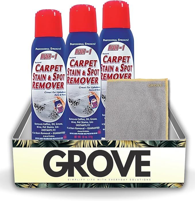 GROVE Lifter-1 Carpet Stain & Spot Remover Spray 18 oz Bundle with Microfiber Cloth - Effortless Carpet Stain Remover - Quick and Easy Carpet Cleaner Spray for Tough Stains - (4 Items)