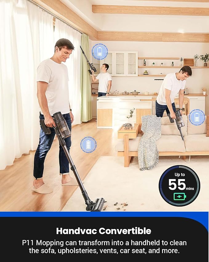 Proscenic Cordless Vacuum Cleaner,45Kpa 55Mins P11 Mopping Wet Dry Vacuum and Mop Combo All in one, Lightweight Stick Vacuum with LED Display, Long Runtime Ease of use for All Floors Pet Hair Carpet
