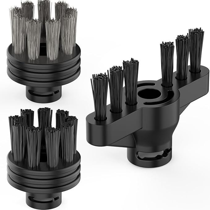 CB-08C Replacement 3 Pack Steam Cleaner Brush Set, Nylon, Brass & Grout Brushes for Tile, Grout, Stove, Grill & Delicate Surfaces, Black
