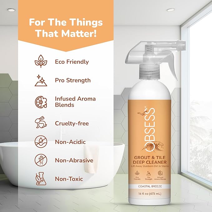 OBSESS Grout & Tile Cleaner: Grout Cleaner for Tile Floors | Bathroom Tile Cleaner | Non-Toxic Professional Strength Brightener | Ceramic Tile and Grout Cleaner, also for Marble, Granite