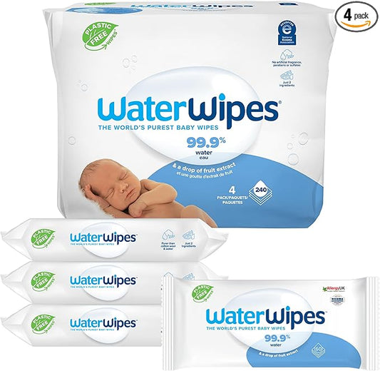 WaterWipes Original Baby Wipes, 99.9% Water-Based Wipes, Unscented & Hypoallergenic for Sensitive Skin, 240 Count (4 Packs), Packaging May Vary
