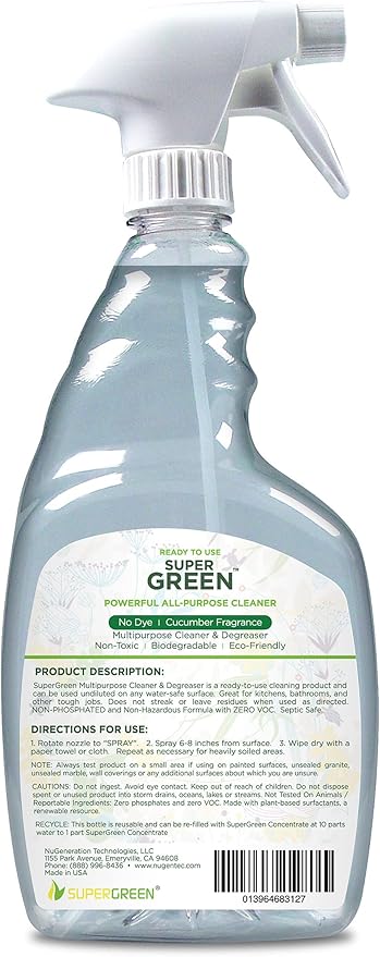 SuperGreen Powerful All-Purpose Cleaner and Degreaser | USDA Certified Bio-Based, Non-toxic, NO Ammonia or Phosphates, Cucumber Fragrance 32 fl oz 1 Pack…