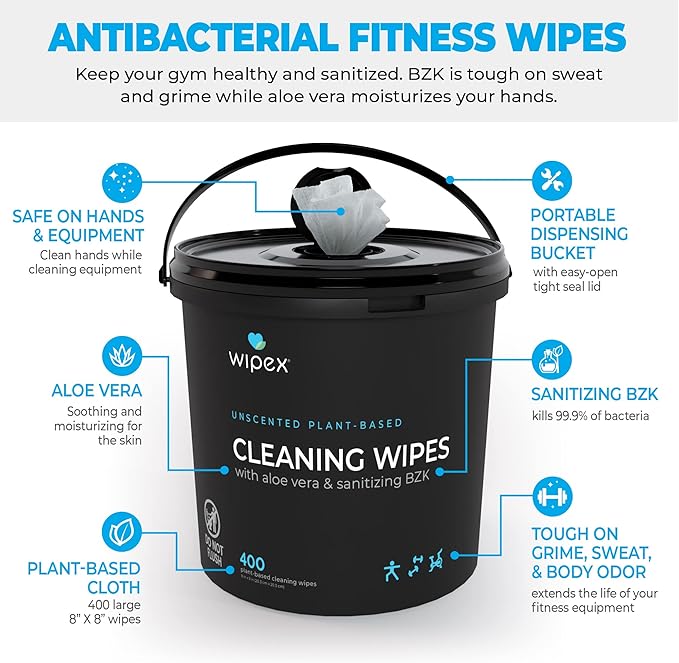 Wipex Gym Wipes for Equipment Bundle - Get 3 Buckets (1) Lemongrass, (1) Lavender, (1) Sanitizing BZK Plant-Based Fitness Equipment Wipes, Clean Surfaces & Mats, Safe Gym Cleaner, 400 Ct (Pack of 3)