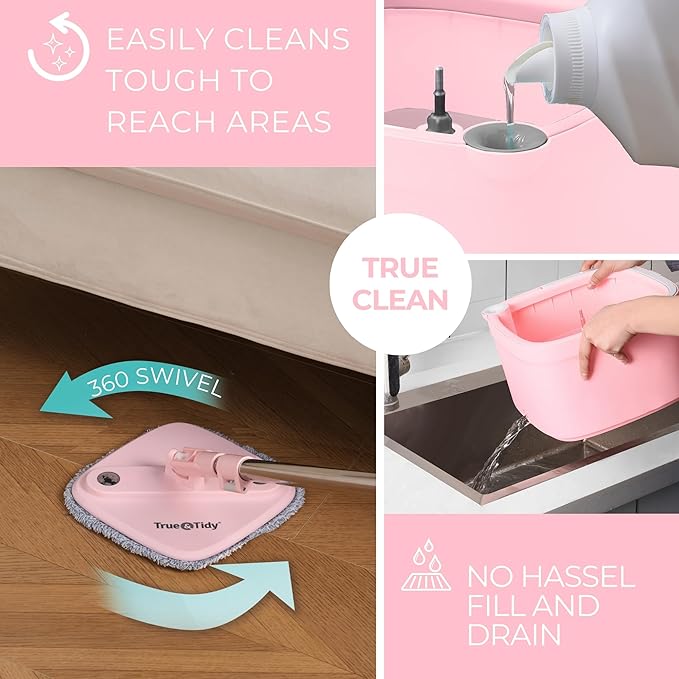 True & Tidy® True Clean Mop and Bucket System, Includes Square Spin, Dual Compartment Mop Bucket and 2 Thick Machine Washable Pads New Upgraded with Side Brush & Self Standing Handle, Rose