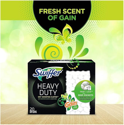 Swiffer Sweeper - Heavy-Duty - Dry Cloth Refill, Gain Scent, White - Trap + Lock with Deep Pockets - 20 Ct. (Pack of 2)