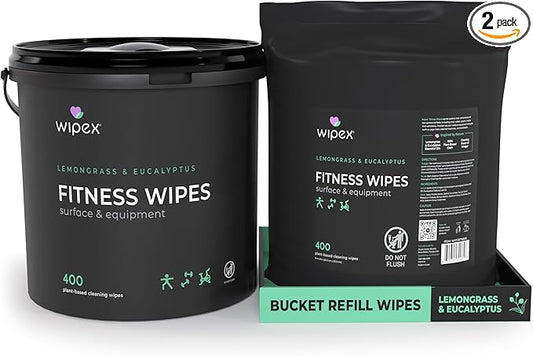 Wipex Gym Wipes for Equipment Bundle – Get 800 Wipes with (1) Lemongrass & Eucalyptus Bucket & (1) Refill Roll, Plant-Based Fitness Equipment Wipes, Clean Surfaces & Mats, 400 Count (Pack of 2)