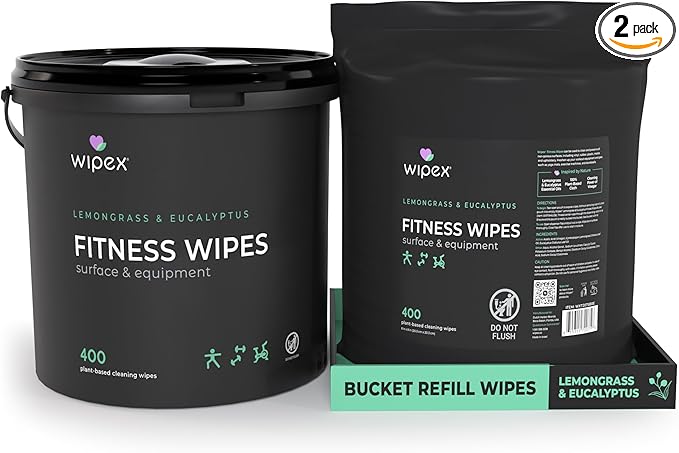 Wipex Gym Wipes for Equipment Bundle – Get 800 Wipes with (1) Lemongrass & Eucalyptus Bucket & (1) Refill Roll, Plant-Based Fitness Equipment Wipes, Clean Surfaces & Mats, 400 Count (Pack of 2)
