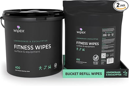 Wipex Gym Wipes for Equipment Bundle – Get 800 Wipes with (1) Lemongrass & Eucalyptus Bucket & (1) Refill Roll, Plant-Based Fitness Equipment Wipes, Clean Surfaces & Mats, 400 Count (Pack of 2)