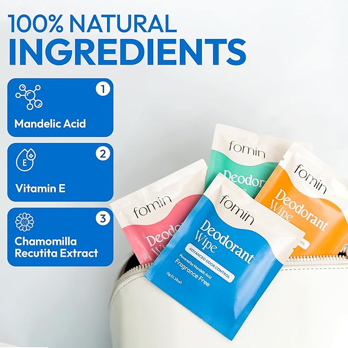 FOMIN Acidified Travel Deodorant Wipes For Women & Men - 50 Count - Fragrance Free - pH Balanced, Mini Deodorant Travel Size Wipes - Plastic-Free, Individually Wrapped Underarm Body Wipes