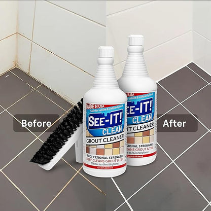 Grout Cleaner 2-Pack with Floor Brush, 32 Fl. Oz. Each, Surface Safe Deep Cleaning Grout & Tile Acid Free Solution & Grout Brush for Tile Floors, Clean
