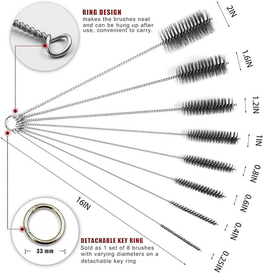 16 Inch Extra Long Pipe Cleaning Brush Set Stainless Steel Bristles, Stainless Steel Pipe Brush Steel Bottle Brush 8 Piece Variety Pack for Auto Parts, Bottles,Tubes, Etc.