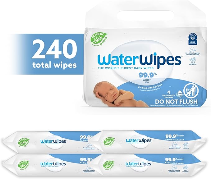 WaterWipes Original Baby Wipes, 99.9% Water-Based Wipes, Unscented & Hypoallergenic for Sensitive Skin, 240 Count (4 Packs), Packaging May Vary
