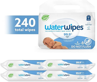 WaterWipes Original Baby Wipes, 99.9% Water-Based Wipes, Unscented & Hypoallergenic for Sensitive Skin, 240 Count (4 Packs), Packaging May Vary