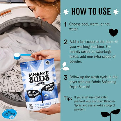 Molly's Suds Unscented Super Powder Detergent | Extra Strength Laundry Soap, Stain Fighting | Sensitive Skin | Simple, Effective Ingredients | 60 Loads