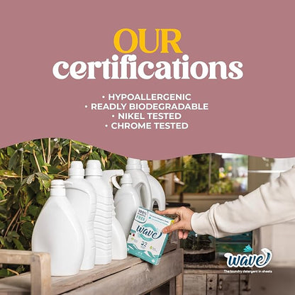 Wave Laundry Detergent Sheets - Unscented (64 Loads) - Dissolves Faster & Higher Cleaning Power Over Competitors - Multi-Purpose Laundry Cleaner - 100% Plastic Free