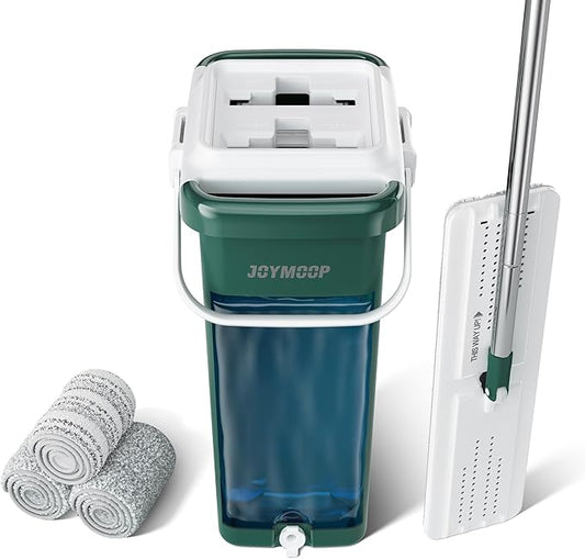 JOYMOOP Heavy Duty Commercial Mops for Floor Cleaning, Wet Dry Mop and Bucket Set with Large Capacity Forest Green Bucket, Includes 3 Reusable 17-Inch Microfiber Pads