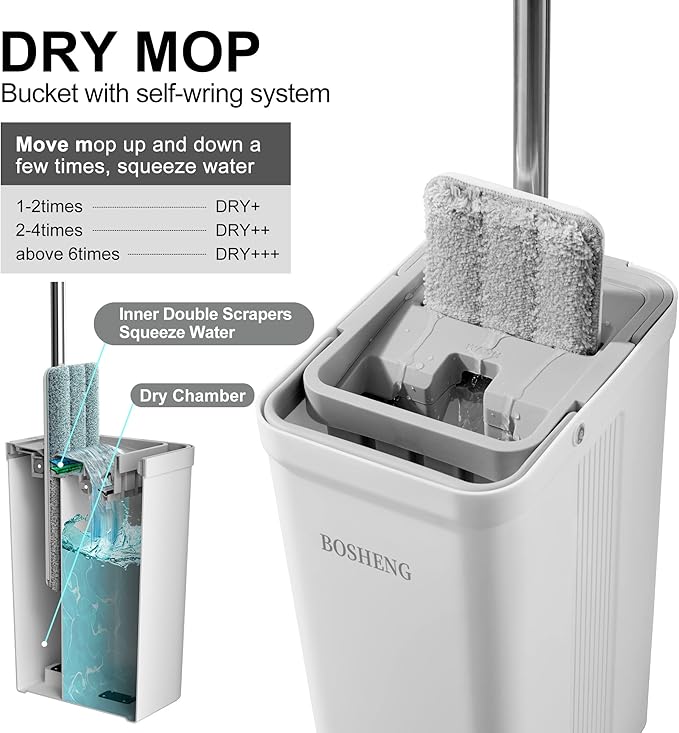 Mop and Bucket with Wringer Set, Flat Floor Mop and Bucket, with 3 Microfiber Mops for Floor Cleaning, Wet and Dry Use for Household Cleaning - White