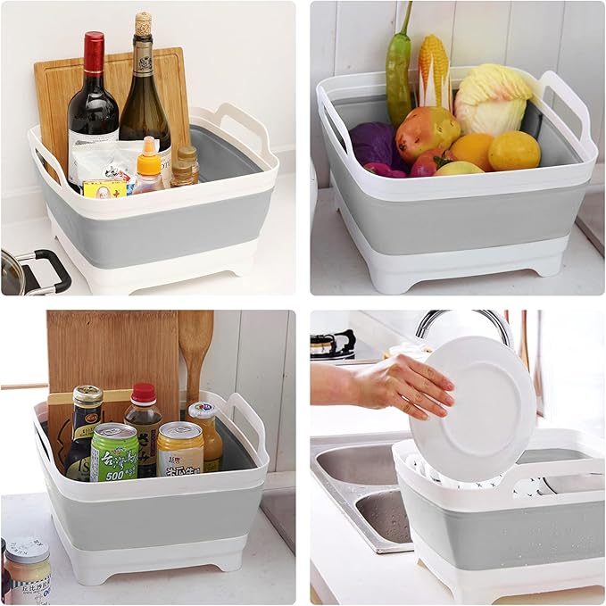 Ikaufen 2PCS Dishpan for Washing Dishes, 9L(2.4Gallon) Collapsible Wash Basin with Drain Plug Carry Handles, Collapsible Bucket for Cleaning, Vegetable Washing, RV(Green + Grey)