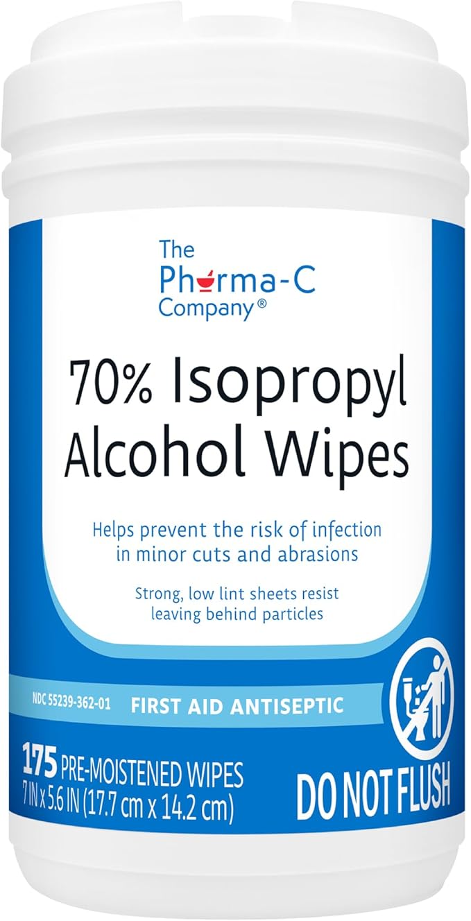 The Pharma-C Company 70% Isopropyl Alcohol Wipes [175ct Wipes] - Large Durable IPA Wipes. First-Aid Antiseptic Wound Cleaner with Moisture Lock Lid.