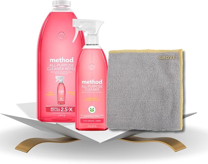 Method Pink Grapefruit Scent All Purpose Cleaner Spray 28 oz + 68 oz Refill Bundle with Microfiber Cloth - Multi Surface Cleaner Spray - Plant-Based Cleaning Power - Biodegradable Formula - (3 Items)