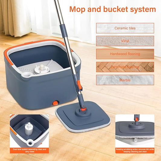 Spin Mop and Bucket Set with 3 Replaceable Microfiber Mop Pads, Self-Separating Clean and Dirty Water System, Self-Wringing 360° Rotating Square Mop Head for Hardwood, Tile, and Marble Floors