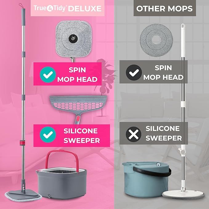 True & Tidy True Clean Spin Mop & Bucket System – Dual Compartment Design for Clean & Dirty Water, 360° Swivel Mop Head, Built-in Scrubbing Brush, Stainless Steel Handle & 2 Reusable Microfiber Pads