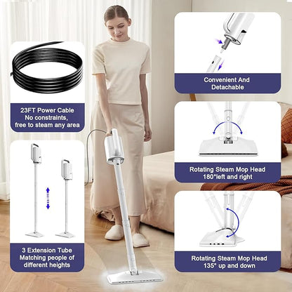 Steam Cleaner, 6 in1 Rotated Steam Mop Cleaner with 2 Modes, 2 Microfiber Pads, 400ML Removable Tank, 23FT Power Cable, Detachable Steam Mops for Floor, Laminate Floor, Tiles Cleaning (Sliver Gray)