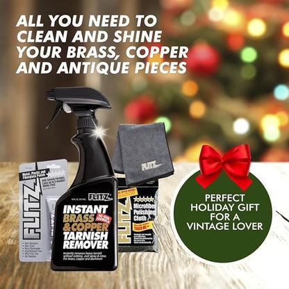 Flitz BC 01806 Instant Brass and Copper Tarnish Remover 16 oz Spray Cleaner + 16 oz Metal Polish Paste Cream + EXTRA LARGE Microfiber Cloth Shine Away Corrosion