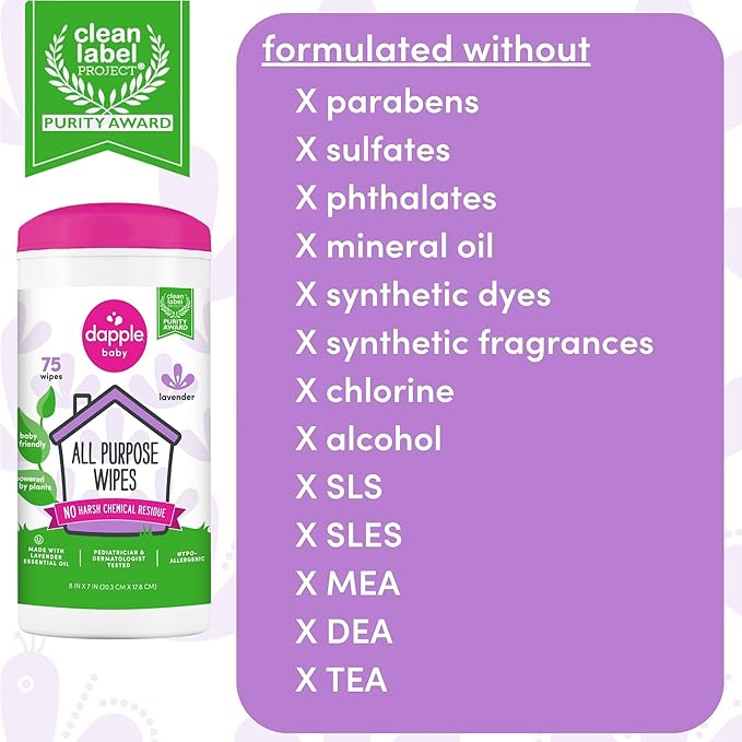 All Purpose Wipes by Dapple Baby, Plant Based & Hypoallergenic Cleaning Wipes, Hint of Lavender, 75 Count Canister + 30 Count (Pack of 1)