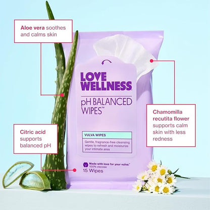 Love Wellness pH Balancing Wipes for Women | Fragrance-Free | Vulva Cleanser for Balanced pH, Intimate Health & Hygiene | Non-Irritating with Aloe Vera for Sensitive Skin | Travel Size | 3-Pack