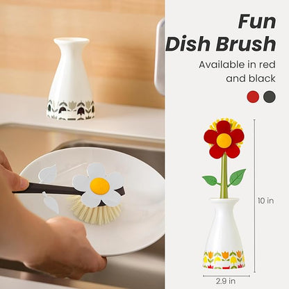 Vigar Flower Power Dish Brush with Vase Brush Holder, Dish Brush with Handle for Pot Scrubber, Dishes, Sink, and Kitchen Essentials, White, Black