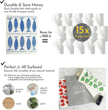 8 Pack Reusable Swedish Dishcloth, for Kitchen and Household Use, Super Absorbency, Made in Sweden, Cellulose Sponge Dish Cloths, Paper Towel Replacement, Plastic-Free Packaging
