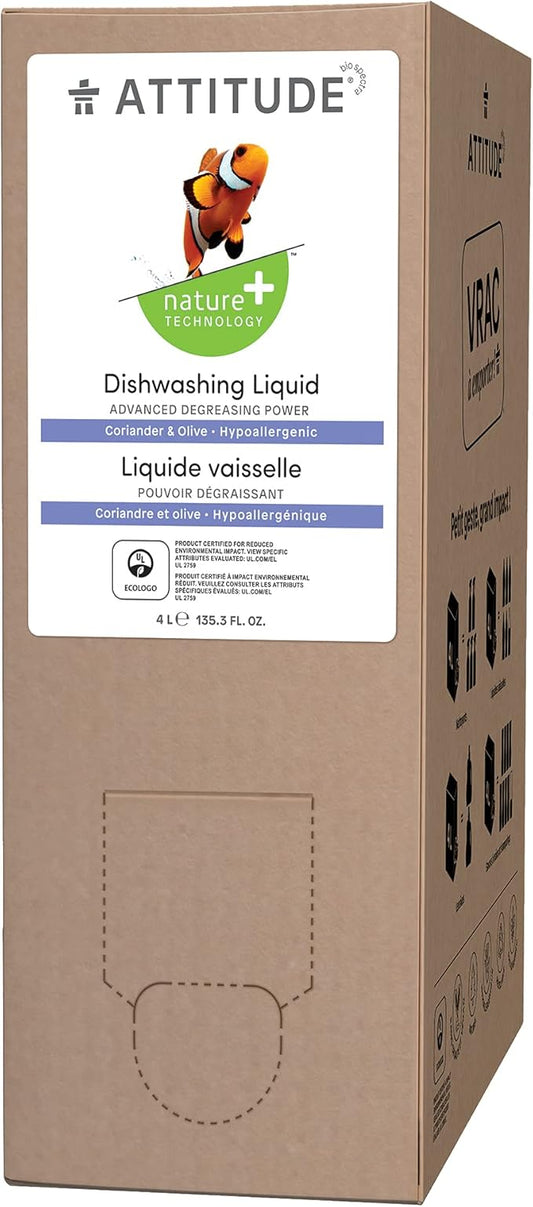ATTITUDE Dishwashing Liquid, EWG Verified, Vegan Dish Soap, Plant Based, Naturally Derived Products, Olive and Coriander, Bulk Refill, 135.3 Fl Oz
