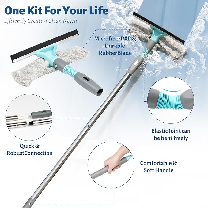 3-in-1 Detachable Broom and Mop Set Combo for House Cleaning, Collapsible Broom and Mop for RV Camping, Home, Dorm, Extension Pole, Window Squeegee, Grey