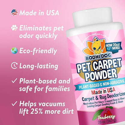 Bodhi Dog Natural Carpet Powder - Dry Pet Smell Eliminator & Urine Odor Remover - Loosens Fur & Dirt - Plant-Based and Biodegradable Room Freshener for Home with Pets - Teaberry (Pack of 1)