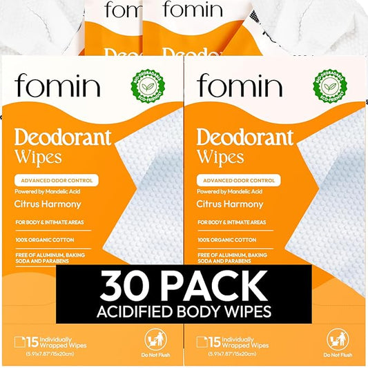 FOMIN Acidified Travel Deodorant Wipes For Women & Men - 30 Count - Citrus Harmony - pH Balanced, Mini Deodorant Travel Size Wipes - Plastic-Free, Individually Wrapped Underarm Body Wipes
