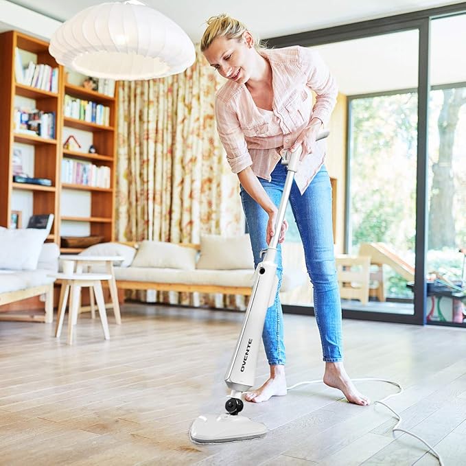 OVENTE Electric Steam Mop Cleaner, 1300W Floor Steamer with Swivel Head, Refillable Water Tank and Washable Microfiber Pad for Cleaning Carpet, Hardwood, Laminate Floor, Tiles and Grout, White ST405W